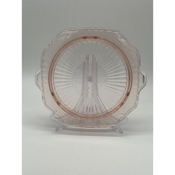 Vtg Pink Depression Glass Cake Plate Anchor Hocking Mayfair Open Rose Floral Des - Picture 2 of 4